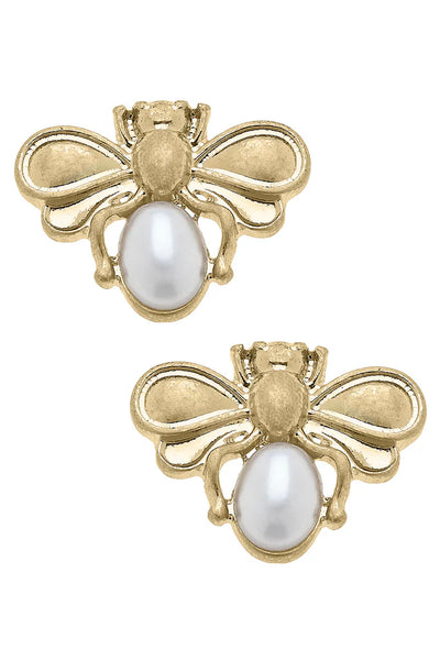 Pearl Bumble Bee Stud Earrings in Worn Gold