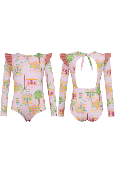 Wings Longsleeve Swimsuit in Casitas Islenas Rosado