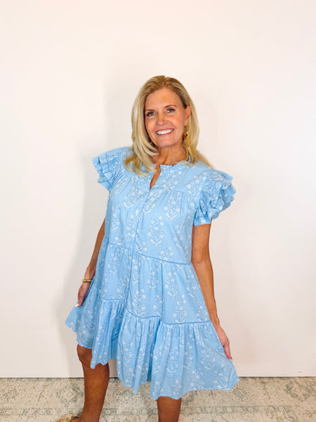 Kalani Ruffle Dress - Blue Dewdrop Block Print