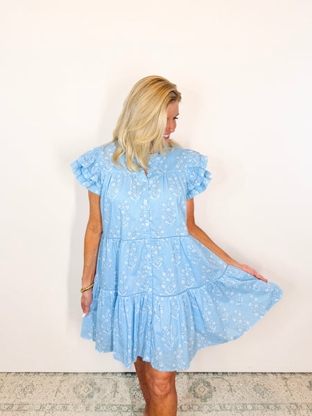 Kalani Ruffle Dress - Blue Dewdrop Block Print