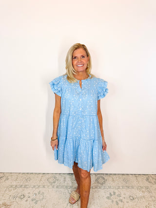 Kalani Ruffle Dress - Blue Dewdrop Block Print
