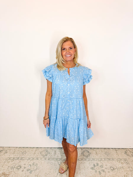 Kalani Ruffle Dress - Blue Dewdrop Block Print