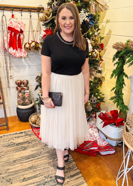 Off White Long Pleated Tulle Skirt