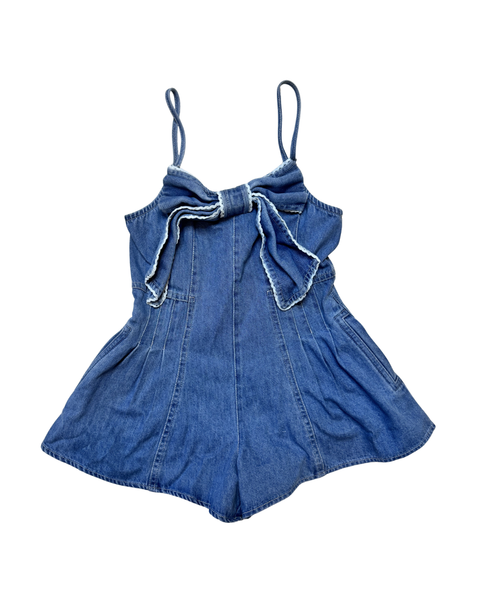 Front Bow Scallop Trim Denim Romper