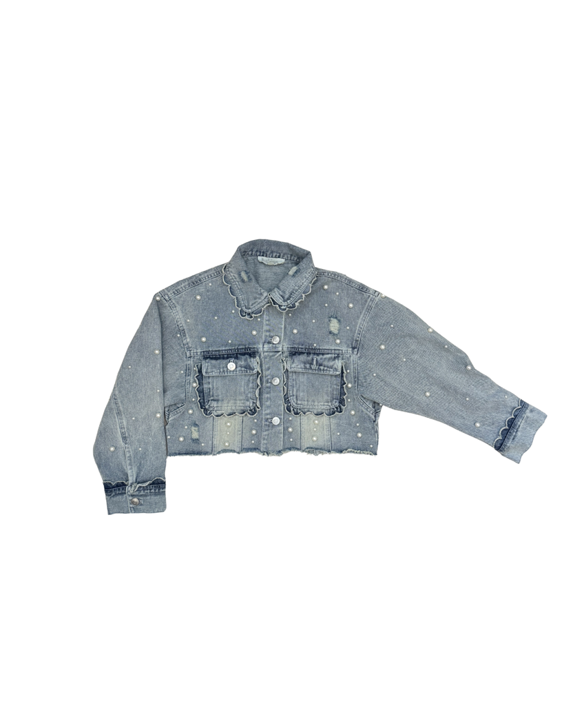 Cropped Pearl Embellished Denim Jacket