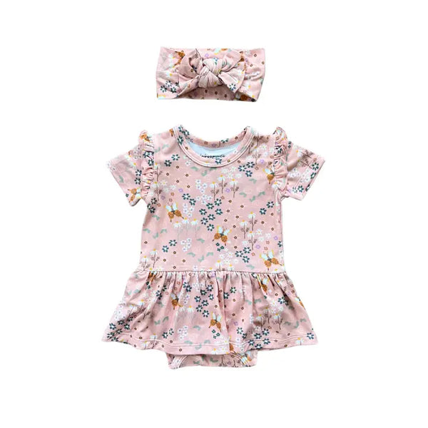 Short Sleeve Bodysuit Dress Set in Butterfly Garden