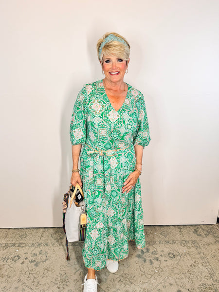 Green Floral Midi Tiered Dress