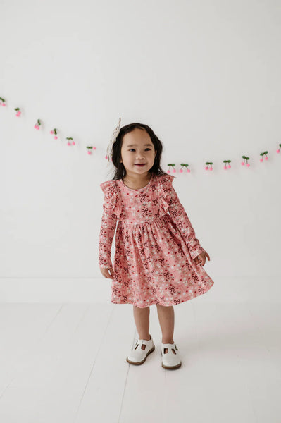 Cherry Hearts Long Sleeve Ruffle Dress