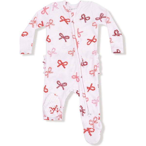 Candy Cane Bows Ruffle Back Footie Sleeper
