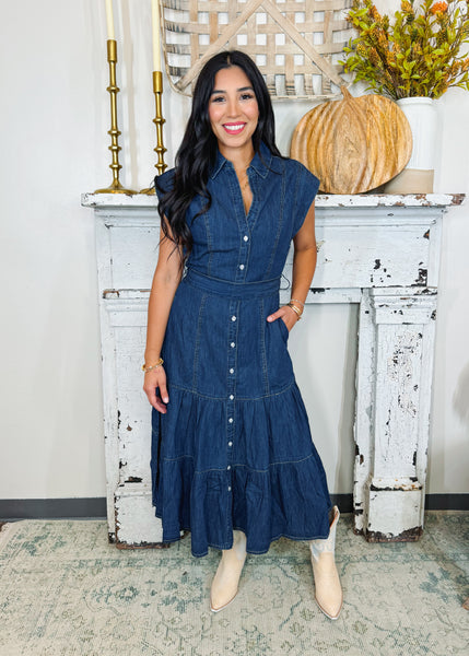 Tiered Midi Cap Sleeve Dress in Blue