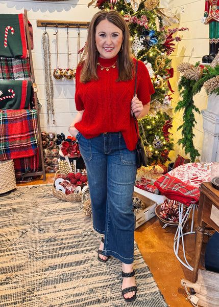 Claude Cable Knit Sweater in Red