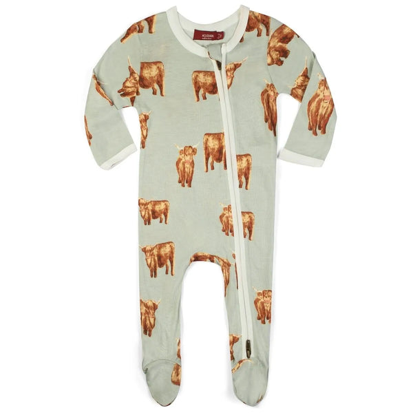 Bamboo Zipper Footed Romper Highland Cow