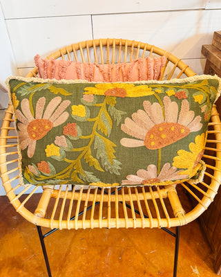 Cotton Slub Embroidered Pillow With Fringe
