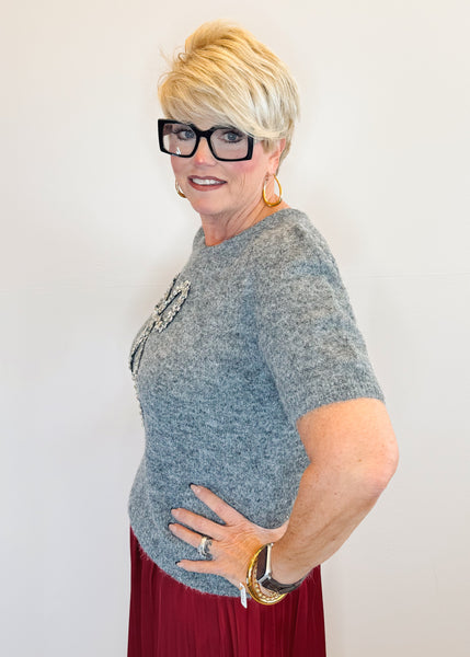 Sequin Bow Knitted Sweater - Ash Grey