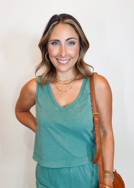 Sloane V-Neck Top in Hunter Green