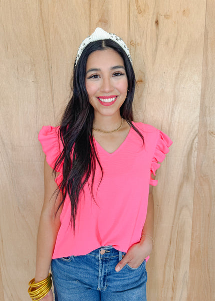 V-Neck Ruffle Top in Neon Pink