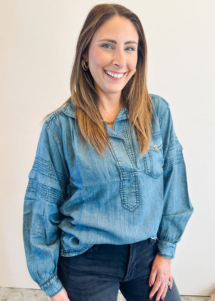 Tuck Sleeve Popover Shirt in Indigo