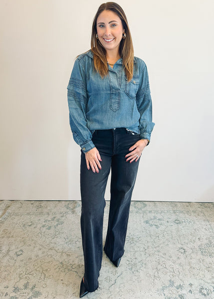 Tuck Sleeve Popover Shirt in Indigo