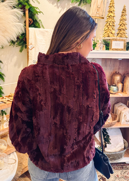 Poof Sleeve Faux Fur Popover in Wine