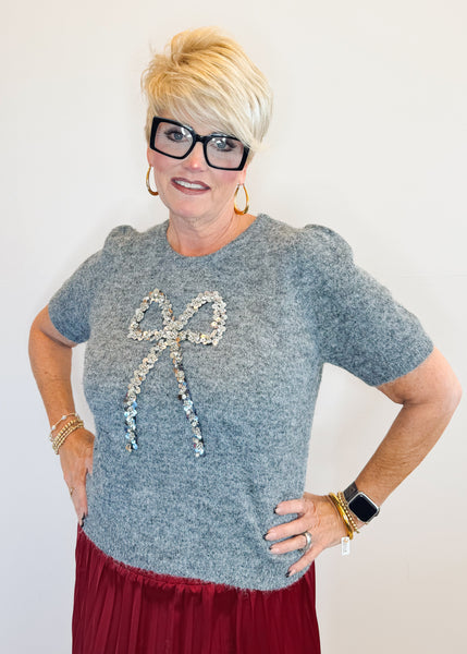Sequin Bow Knitted Sweater - Ash Grey