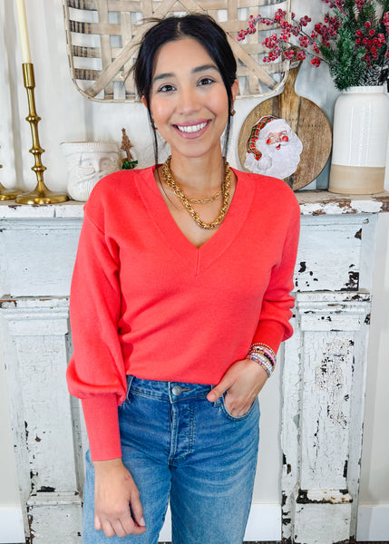 V Neck Balloon Sleeve Sweater- Radiant Red