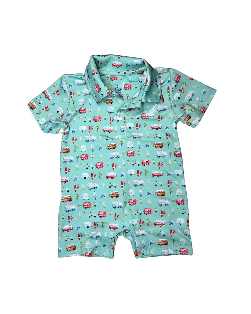 Banks Performance Polo Romper in Aqua Beach Print