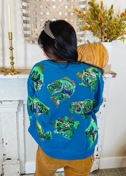 Sequin Teal Bass Fish Sweatshirt