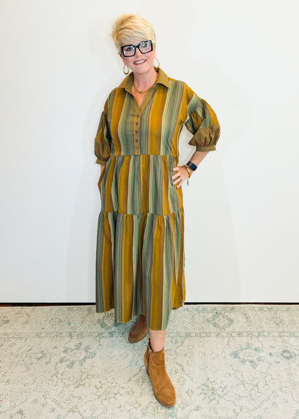 Green Variegated Striped Dress