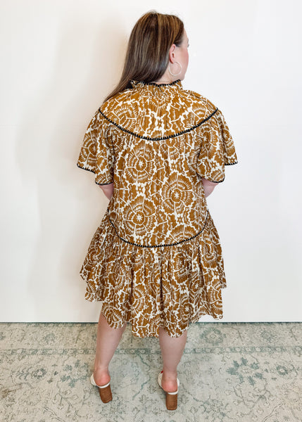 Brown Shell Stitched Trim Dress