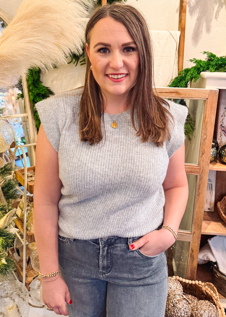 Knitted Sleeveless Sweater in Shimmering Light Grey