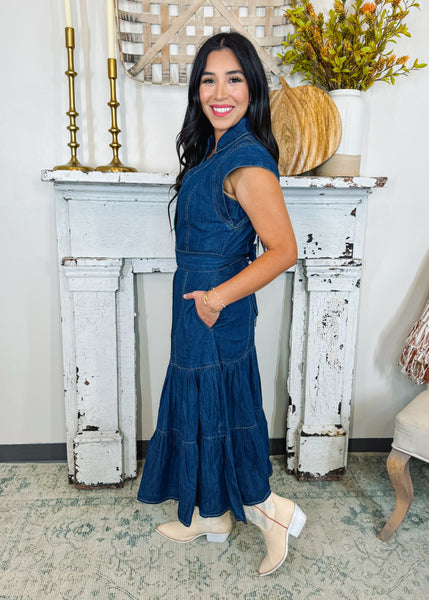 Tiered Midi Cap Sleeve Dress in Blue