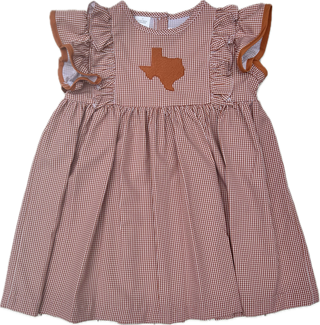 Texas Embroidered Burnt Orange Gingham Ruffle Dress