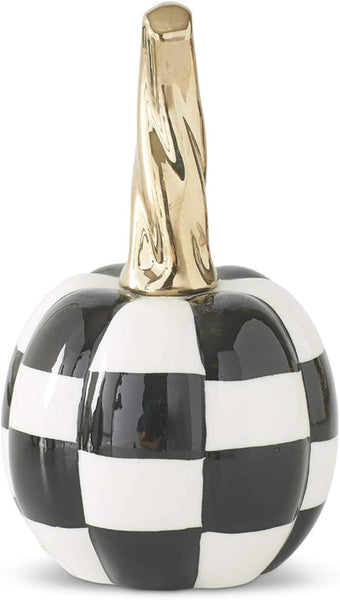 6.75 Inch White & Black Checkered Ceramic Pumpkin w/Twisted Gold Stem