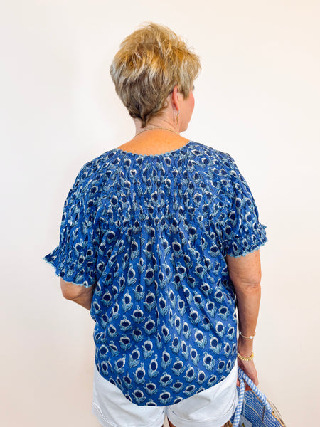 Blue Smocked Neck Top