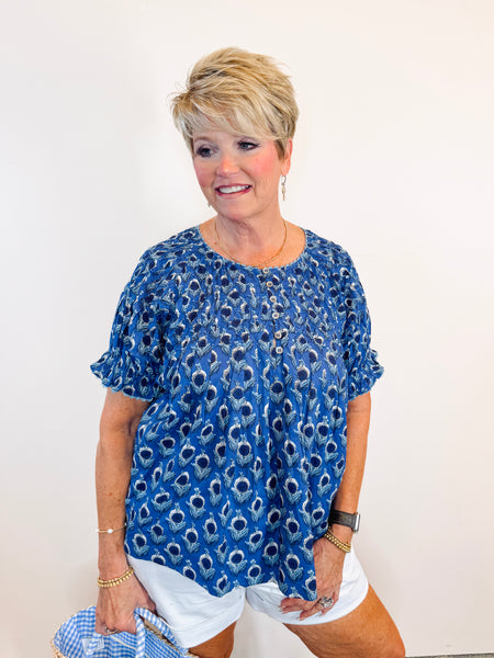 Blue Smocked Neck Top