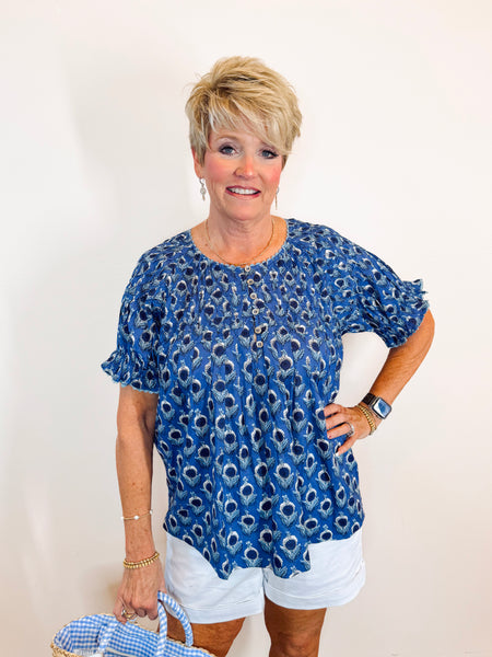 Blue Smocked Neck Top