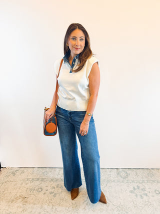 Off White Sweater Vest with Denim Collar