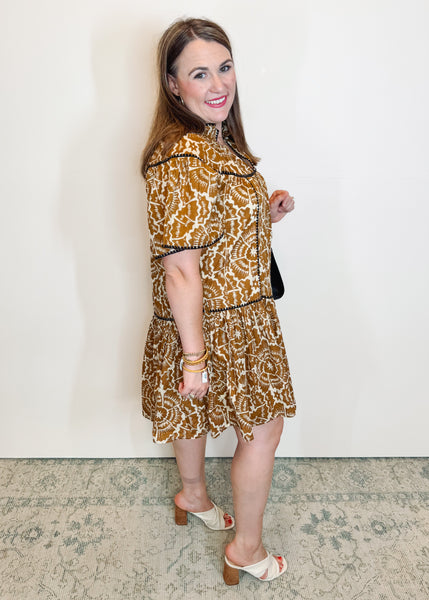 Brown Shell Stitched Trim Dress