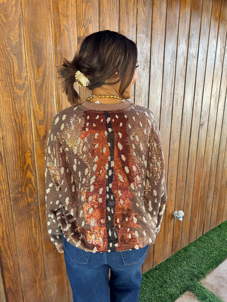 Brown Deer Print Sequin Sweatshirt