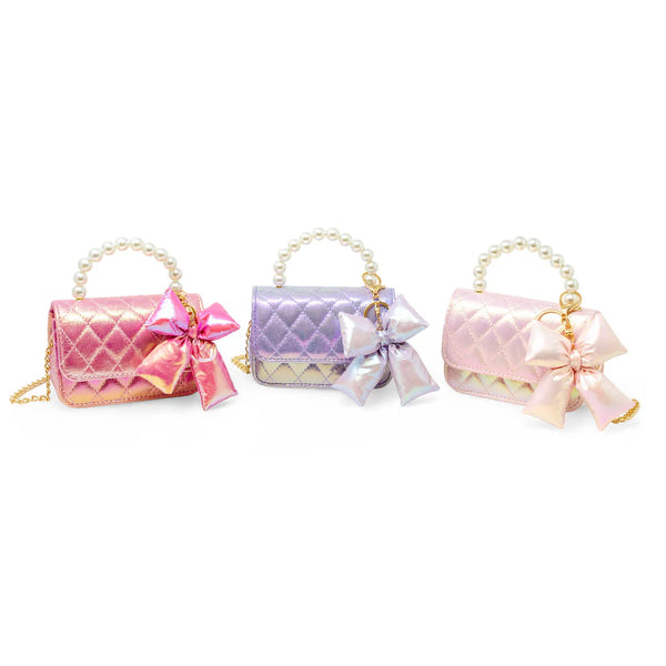 Shiny Quilted  Fluffy Bow Handbag (Pale Pink or Purple)