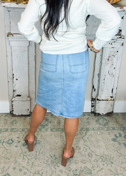 Rose Button Front Denim Skirt