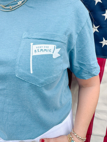 Root for Remmie Pocket Tee-Faded Blue