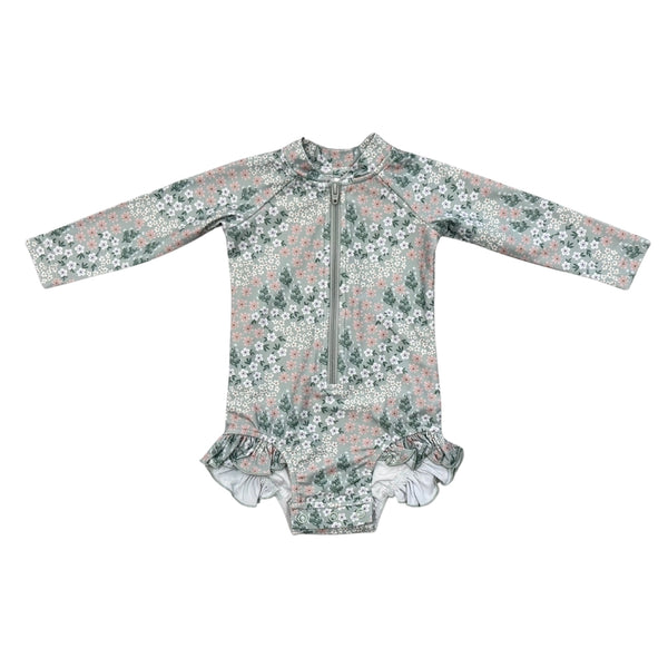 Ruffle Rash Guard Swimsuit in Aqua Grey Floral