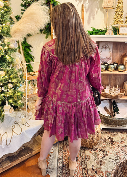 Metallic Roses Swing Dress in Raspberry