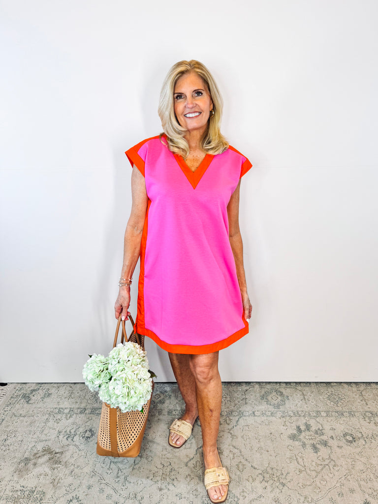 Pink and Orange V-Neck Dress