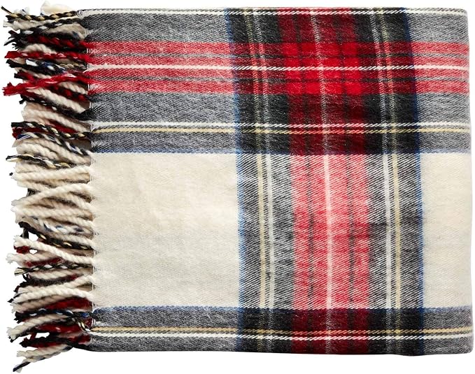 White Tartan Fringe Throw