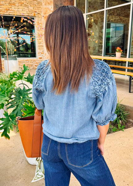 Smocked Sleeve Top - Indigo