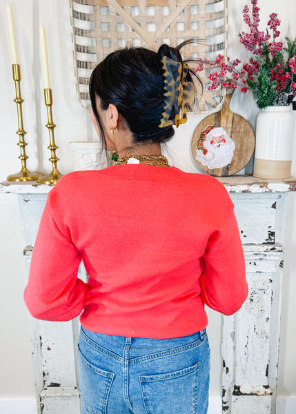 V Neck Balloon Sleeve Sweater- Radiant Red