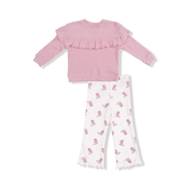 Petite Cowgirl Boots Ruffle Waffle Top & Flare Pants Set