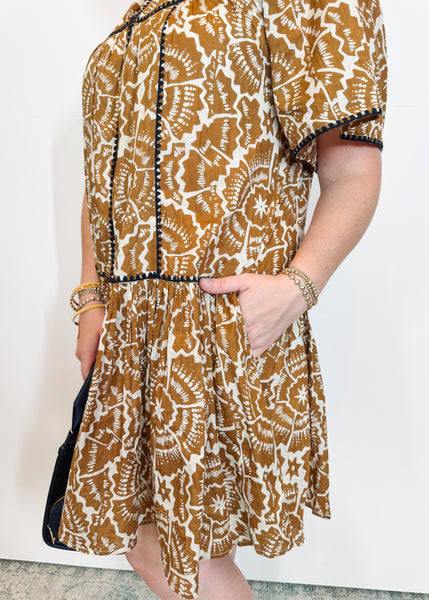 Brown Shell Stitched Trim Dress